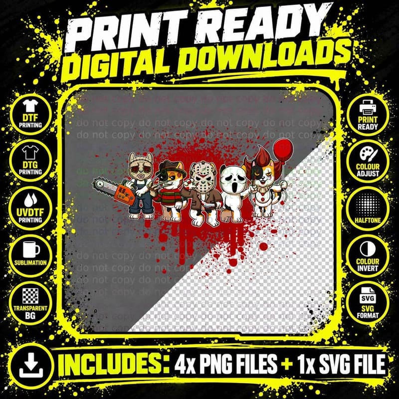 Horror Cat Crew Tee, Slasher Mashup Calico Halloween Png SVG Digital Bundle