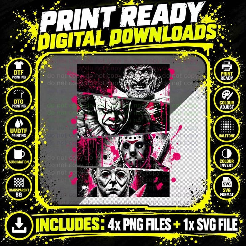 Horror Icons T-Shirt, Slasher Villains Collage Png SVG Digital Bundle