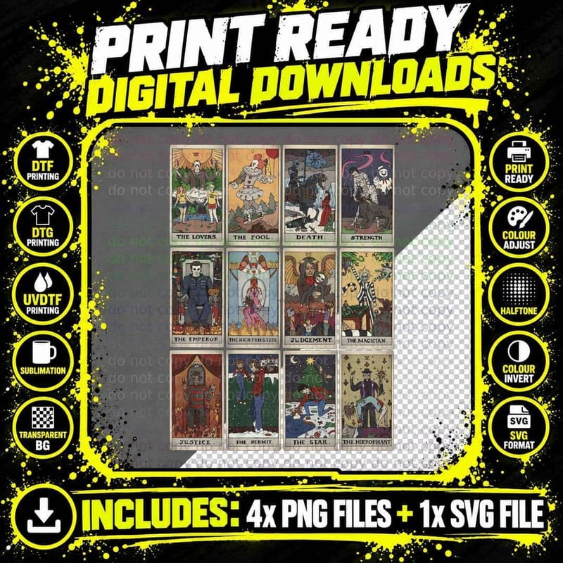 Horror Tarot Deck T-Shirt, Slasher Villains Cards Png SVG Digital Bundle
