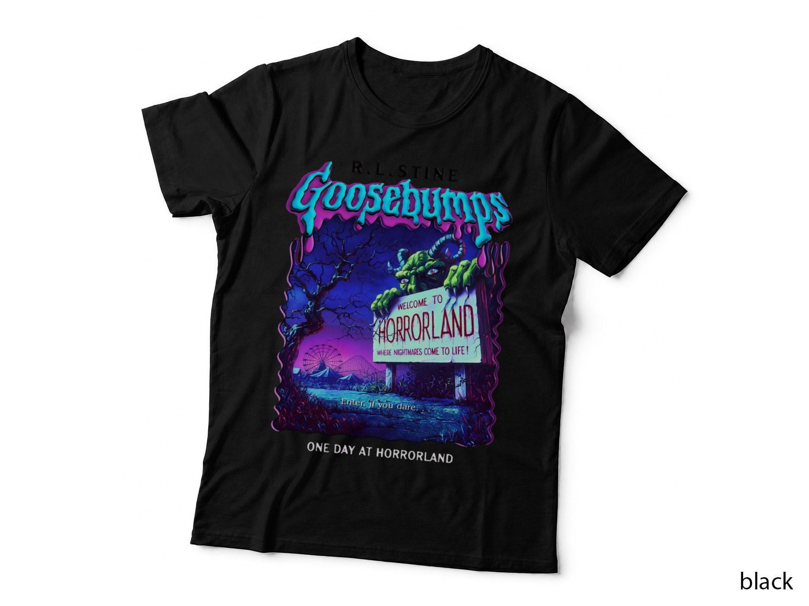 Horrorland Welcome Sign Green Monster, Retro Kids Horror Book, Halloween T-Shirt