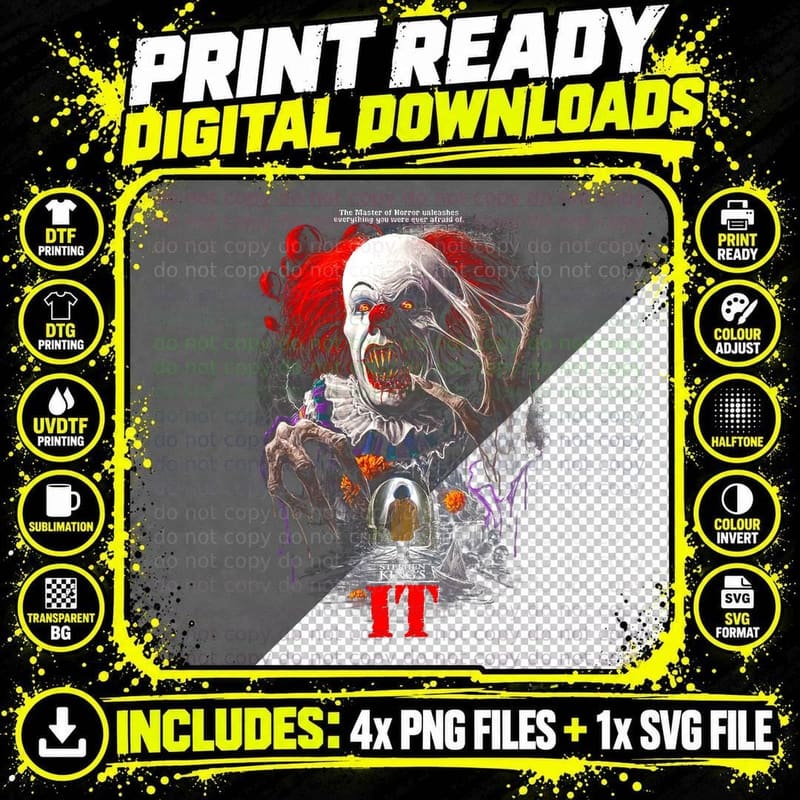 IT Clown Horror T-Shirt, Creepy Halloween Print Png SVG Digital Bundle