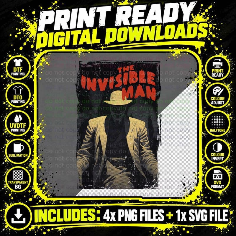Invisible Man T-Shirt, Retro Sci-Fi Horror Png SVG Digital Bundle