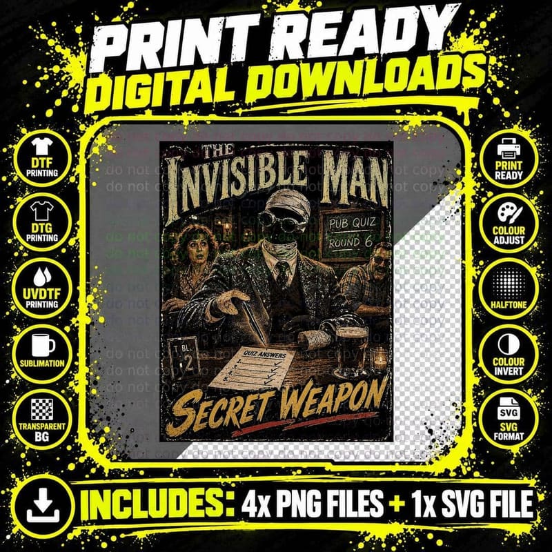 Invisible Man Vintage Secret Weapon Pub Quiz Gothic Png SVG Digital Bundle