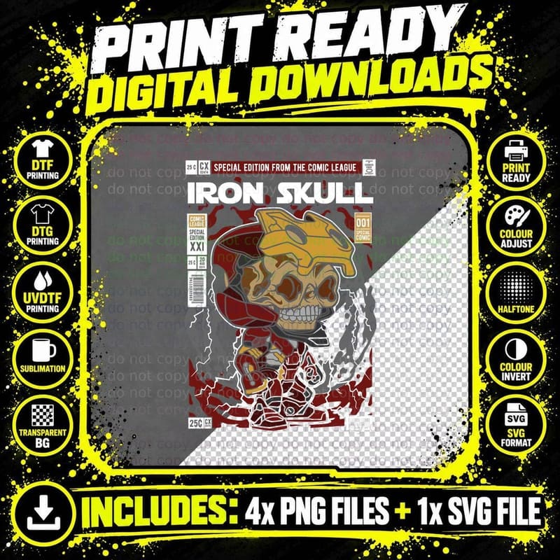 Iron Skull Comic T-Shirt, Armored Hero Skeleton Png SVG Digital Bundle