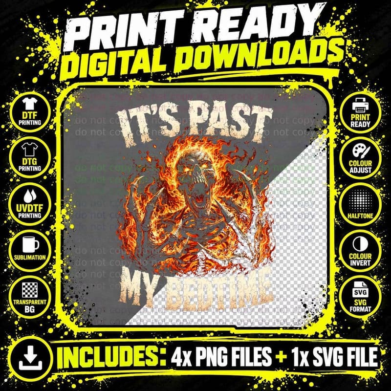 It's Past My Bedtime Flaming Skull T-Shirt Funny Png SVG Digital Bundle