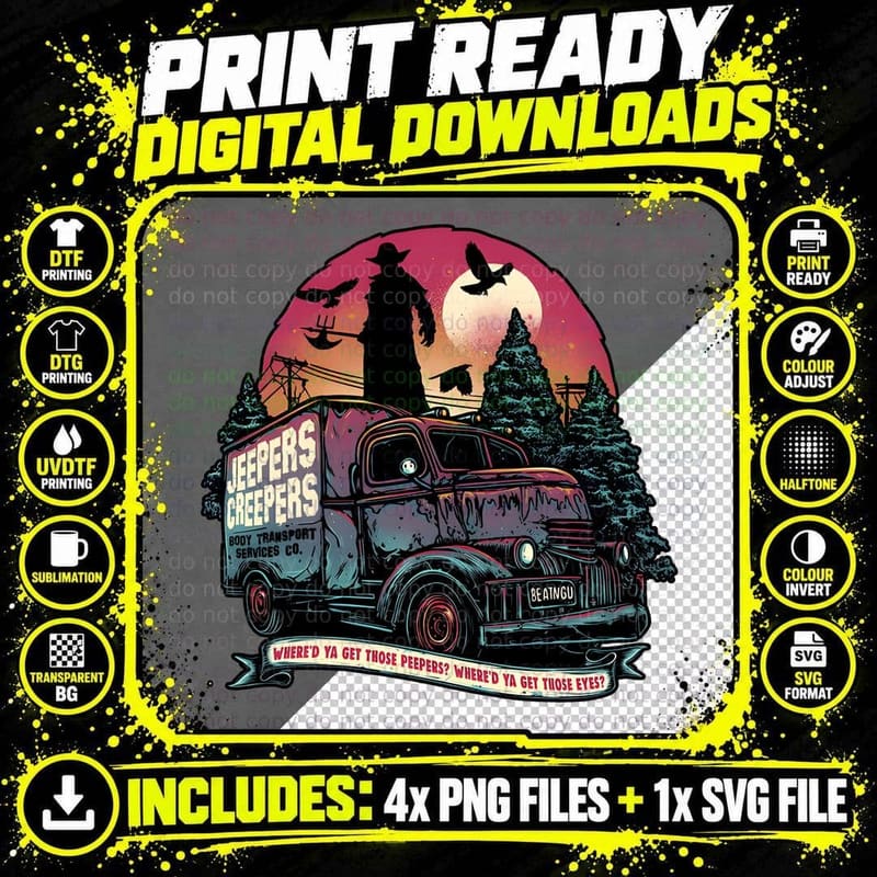 Jeepers Creepers Vintage Horror Movie Truck Moon Retro Png SVG Digital Bundle