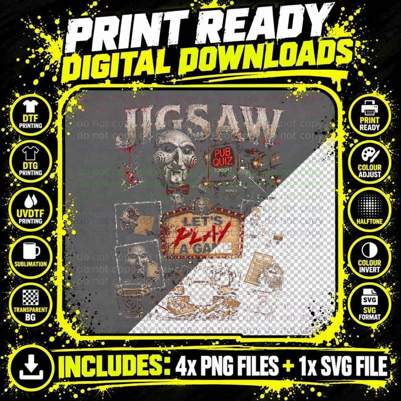Jigsaw Saw Horror Vintage Pub Quiz Let's Play a Game Png SVG Digital Bundle