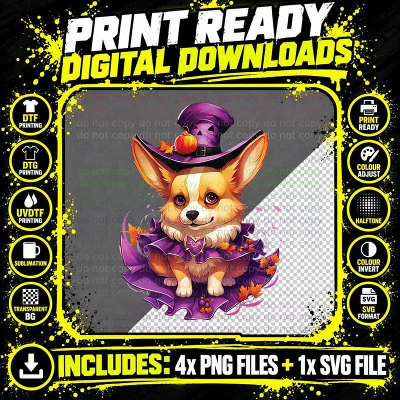 Kawaii Witch Corgi Halloween Costume T-Shirt Png SVG Digital Bundle