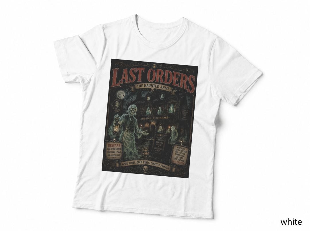Last Orders Haunted Pub Ghost Vintage British Halloween Horror Halftone T-Shirt