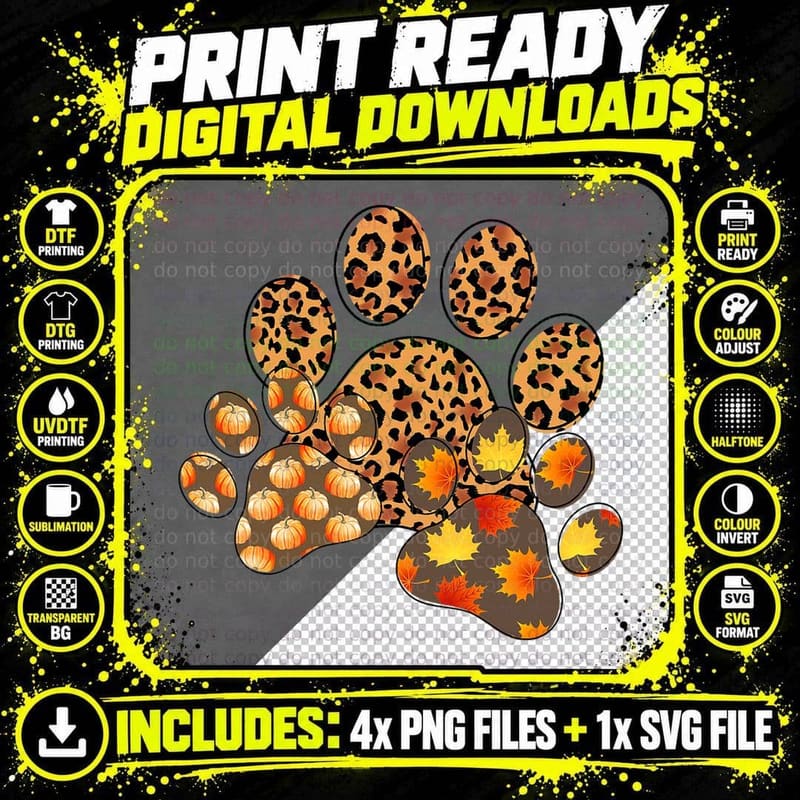 Leopard Print Paw Print T-Shirt, Halloween Fall Theme Png SVG Digital Bundle