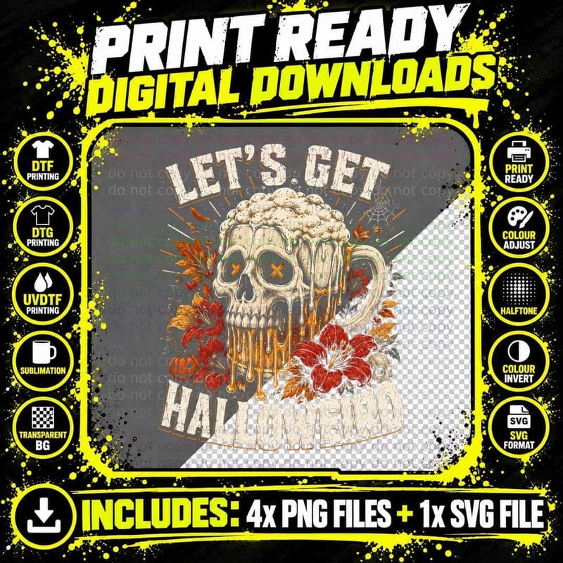 Let's Get Halloweird Skull Beer T-Shirt Funny Halloween Png SVG Digital Bundle