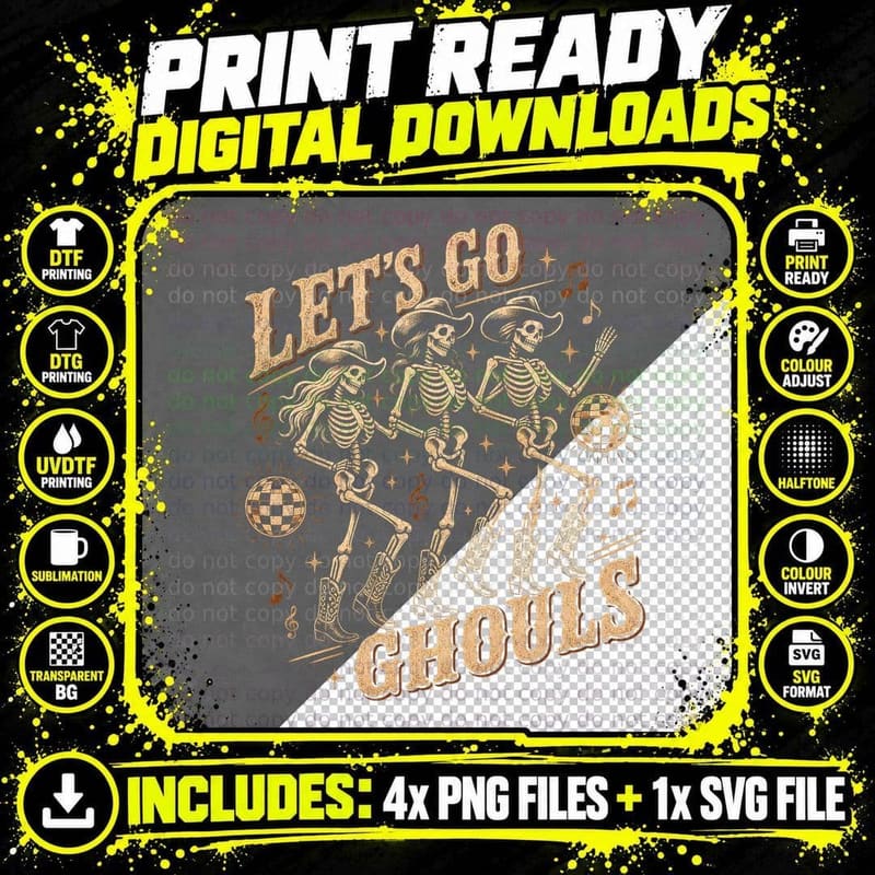 Let's Go Ghouls Cowgirl Skeletons T-Shirt Retro Png SVG Digital Bundle