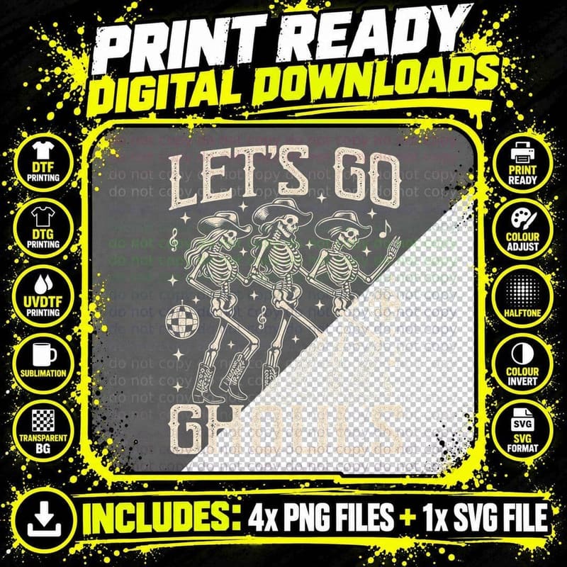 Let's Go Ghouls Skeleton Cowgirls T-Shirt Retro Png SVG Digital Bundle