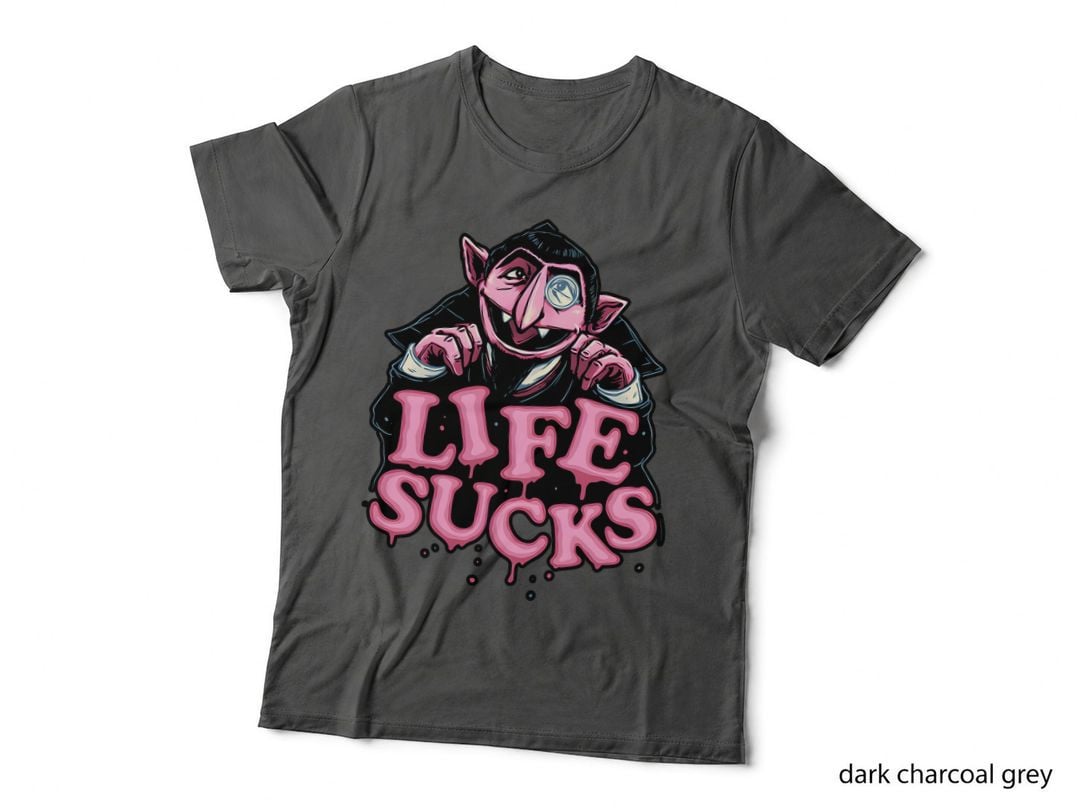 Life Sucks Count Dracula Tee, Funny Vampire Cartoon Pink Drip Horror Art