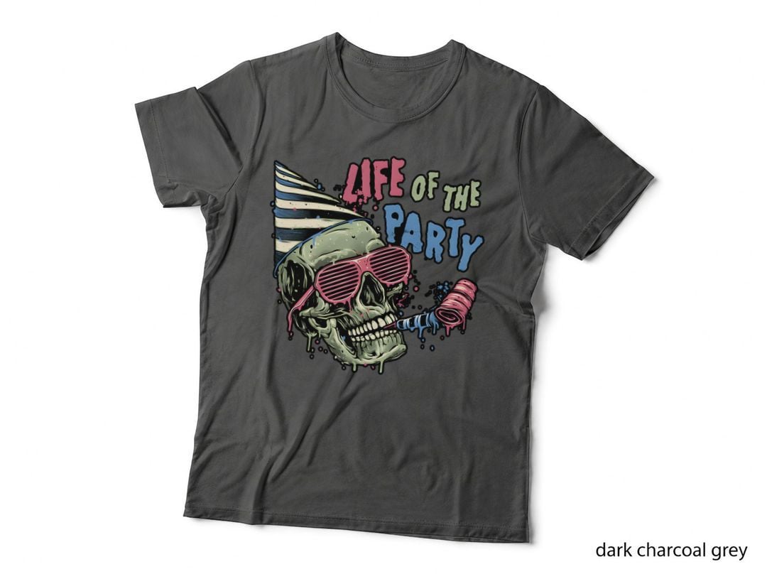 Life of the Party Skull Tee, Cone Hat Shades Skeleton Graphic Horror Art