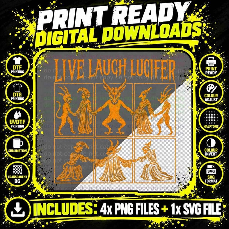 Live Laugh Lucifer T-Shirt Funny Occult Woodcut Devil Png SVG Digital Bundle