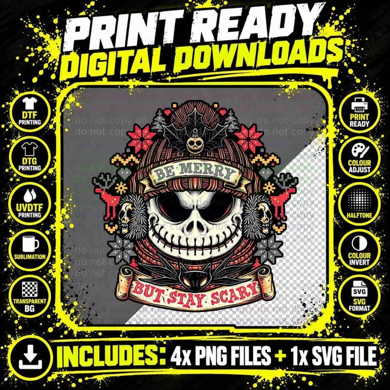 Merry and Scary Skull T-Shirt, Gothic Horror Tee Png SVG Digital Bundle
