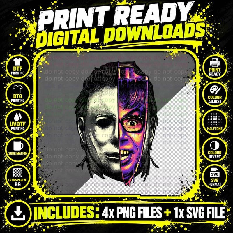 Michael Myers Split Face T-Shirt, Horror Cult Classic Png SVG Digital Bundle