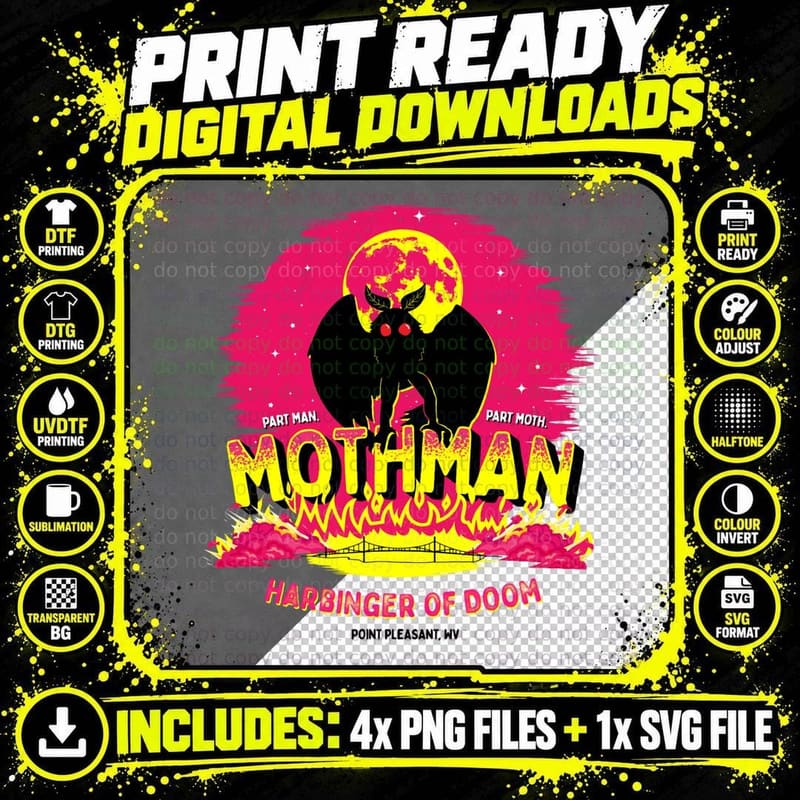 Mothman Harbinger of Doom Tee, Pink Moon Bridge Cryptid Png SVG Digital Bundle