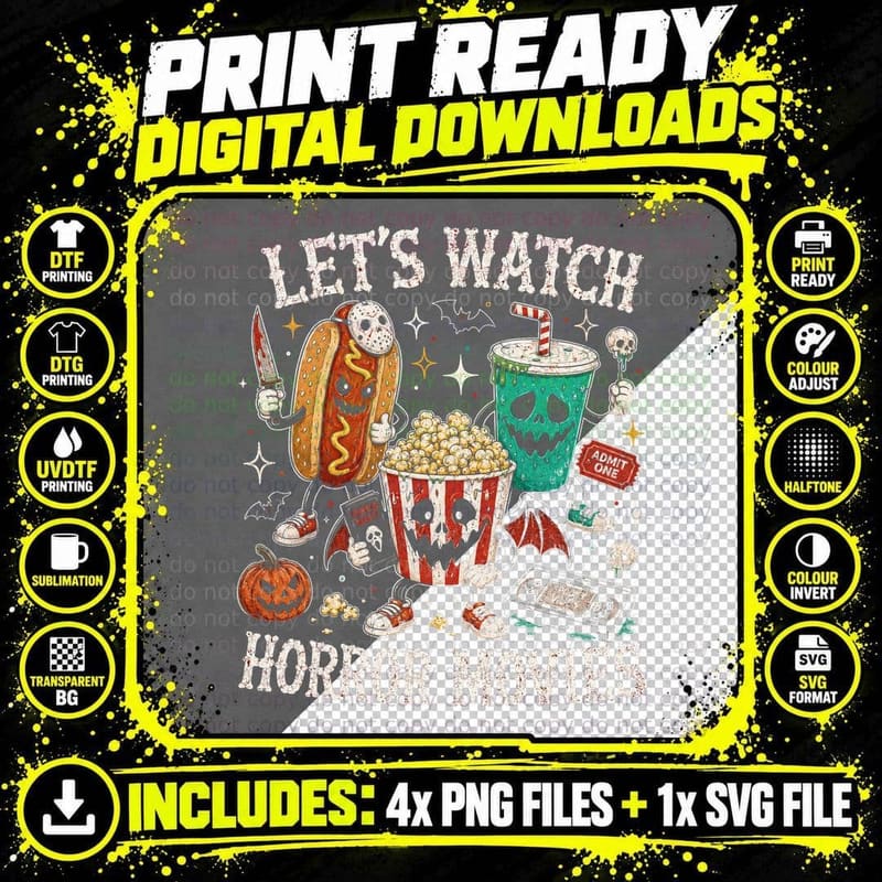 Movie Night Snacks Horror T-Shirt Funny Halloween Png SVG Digital Bundle
