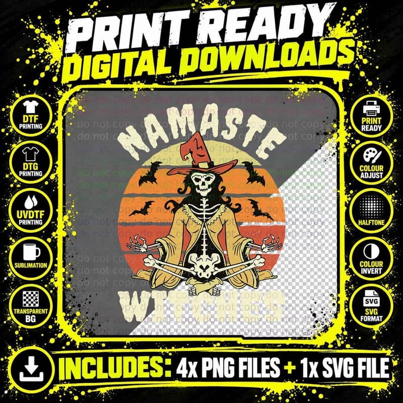 Namaste Witches Tee, Meditating Skeleton Yoga Bats Retro Png SVG Digital Bundle