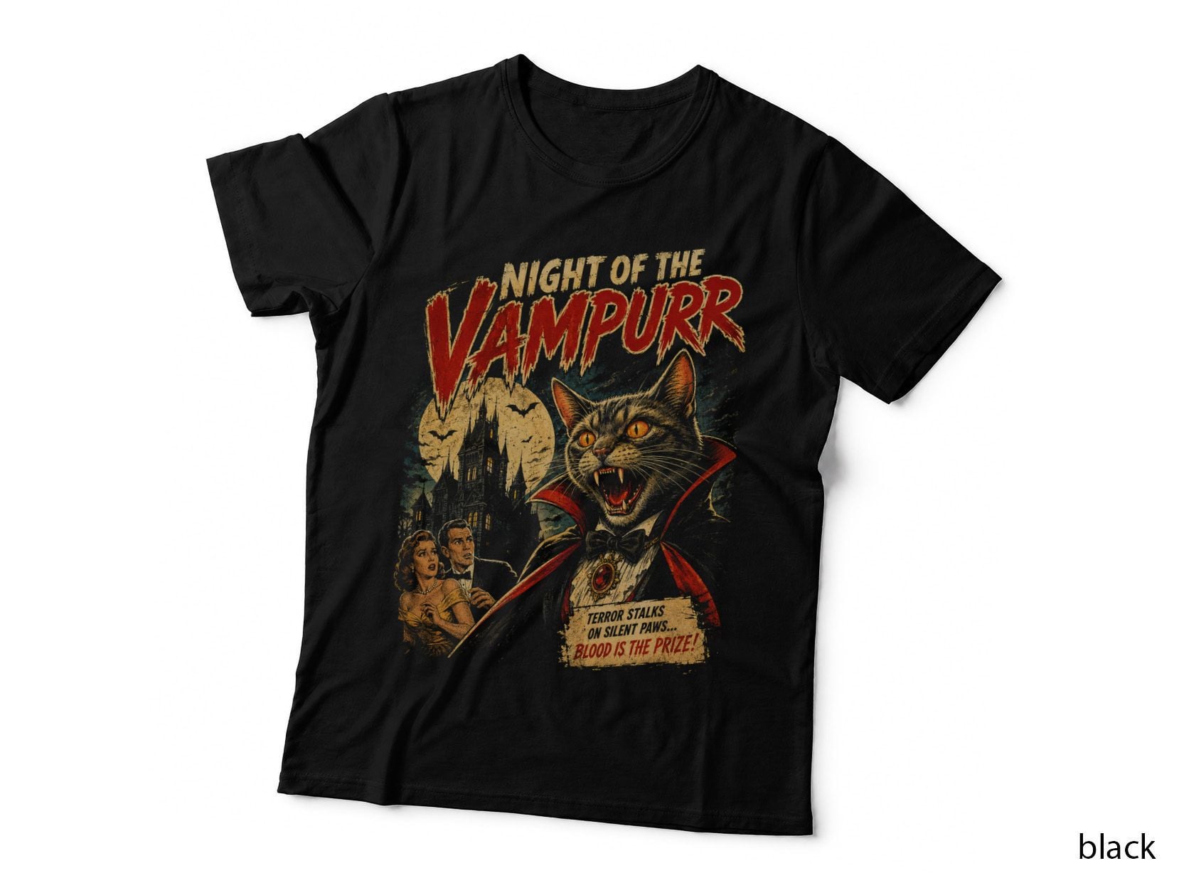 Night of the Vampurr Cat T-Shirt Retro Horror Movie Poster Halloween Cat Tee