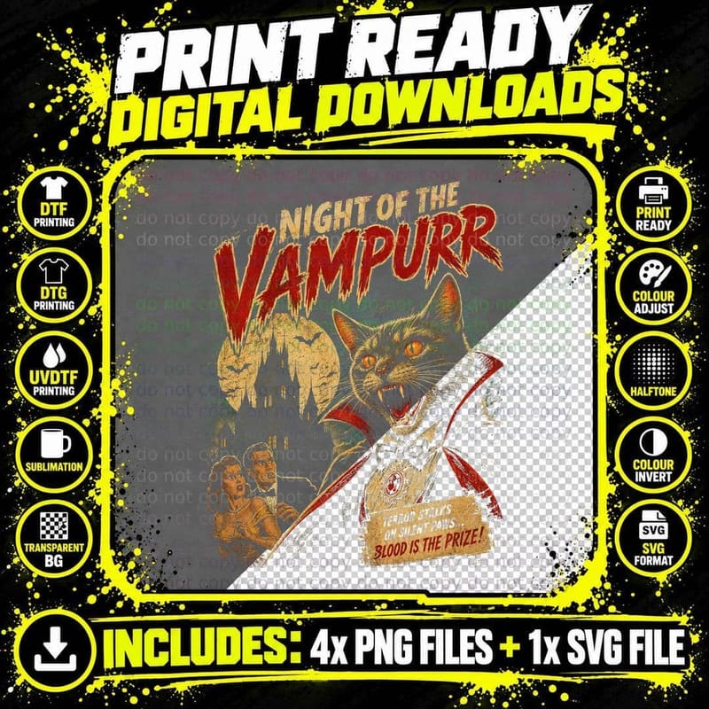 Night of the Vampurr Cat T-Shirt Retro Horror Movie Png SVG Digital Bundle