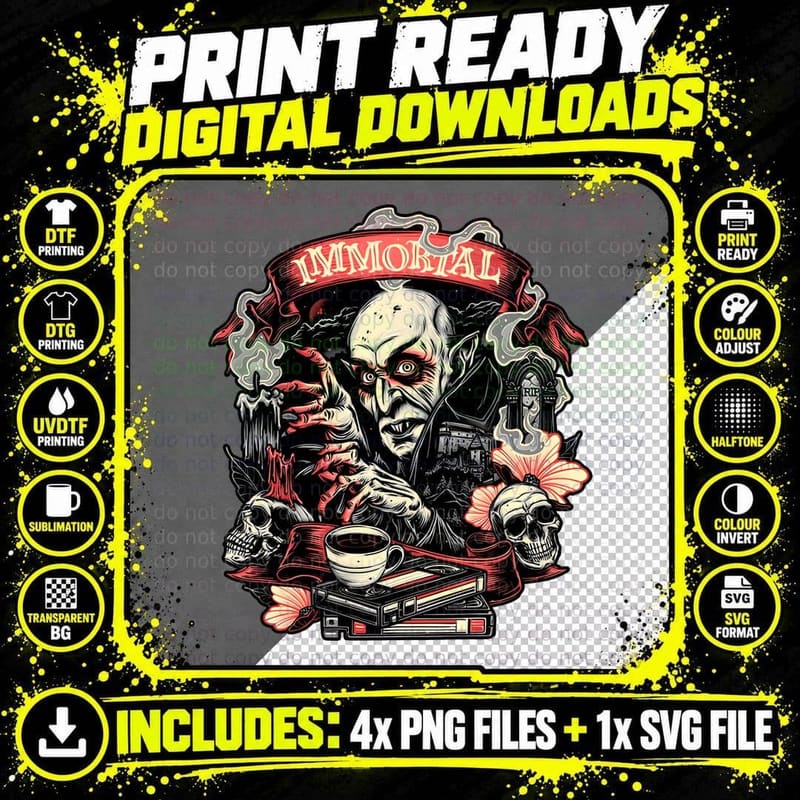 Nosferatu Immortal Tee, Vintage Vampire Coffee Vhs Skull Png SVG Digital Bundle