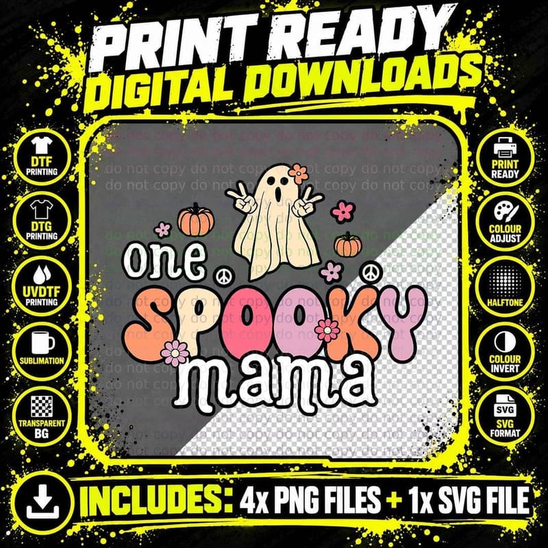 One Spooky Mama Tee, Retro Groovy Ghost Pumpkin Peace Png SVG Digital Bundle
