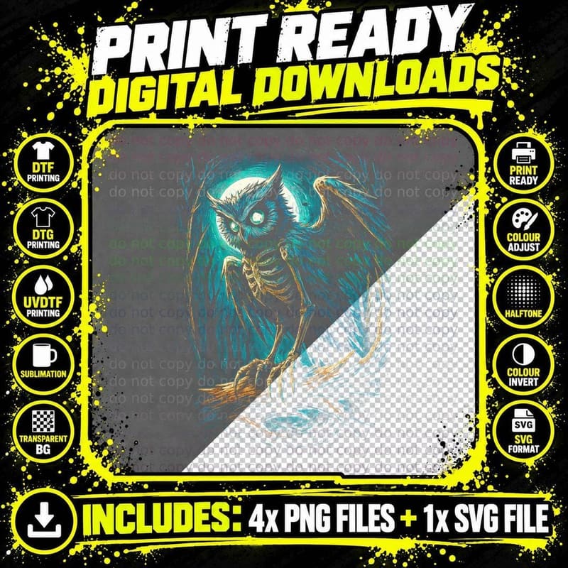 Owl Skeleton T-Shirt, Mystical Bird Print Png SVG Digital Bundle