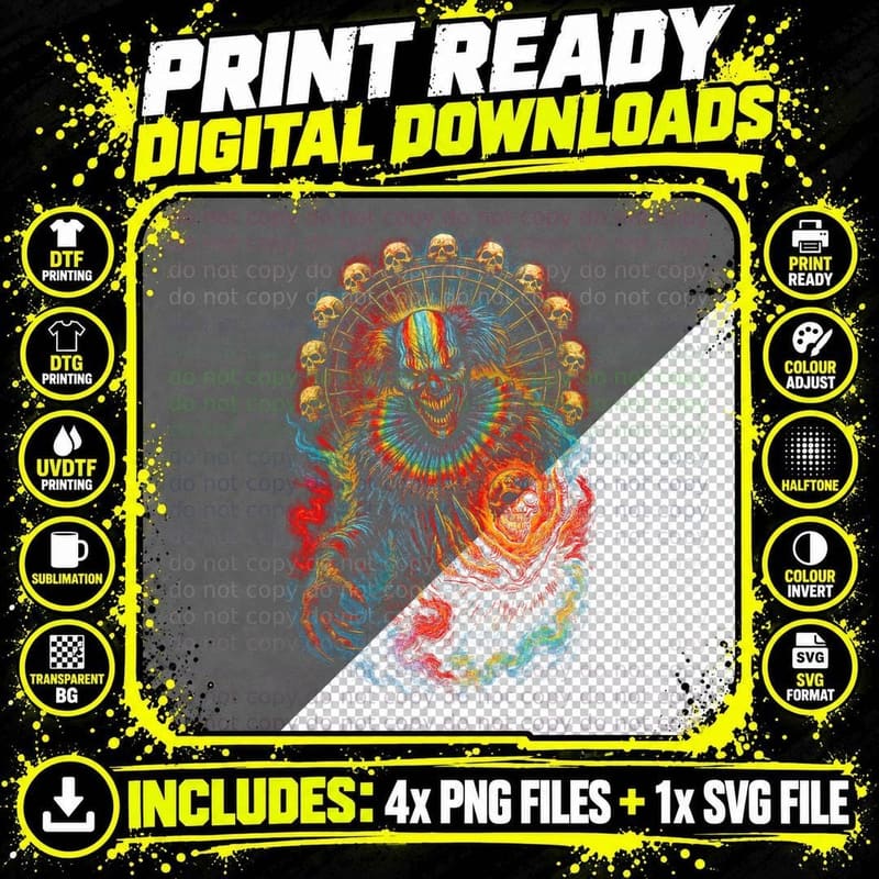 Palhaço Psychedelic Intenso T-Shirt, Horror Apparel Png SVG Digital Bundle