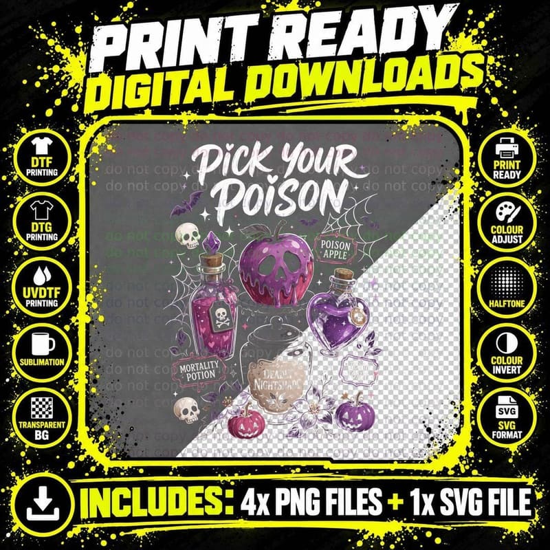 Pick Your Poison Potion Bottles T-Shirt Witchy Halloween Png SVG Digital Bundle