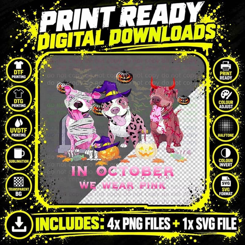 Pitbull Dog in October We Wear Pink Breast Cancer Png SVG Digital Bundle
