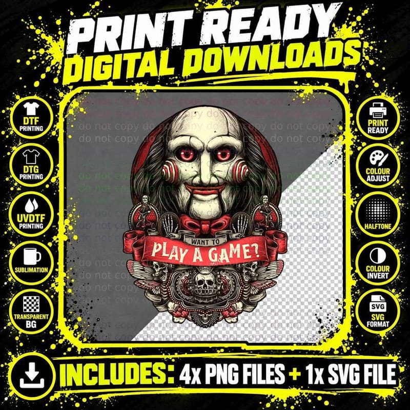 Play a Game, Jigsaw, Saw Movie, Horror Movie, Trending Png SVG Digital Bundle