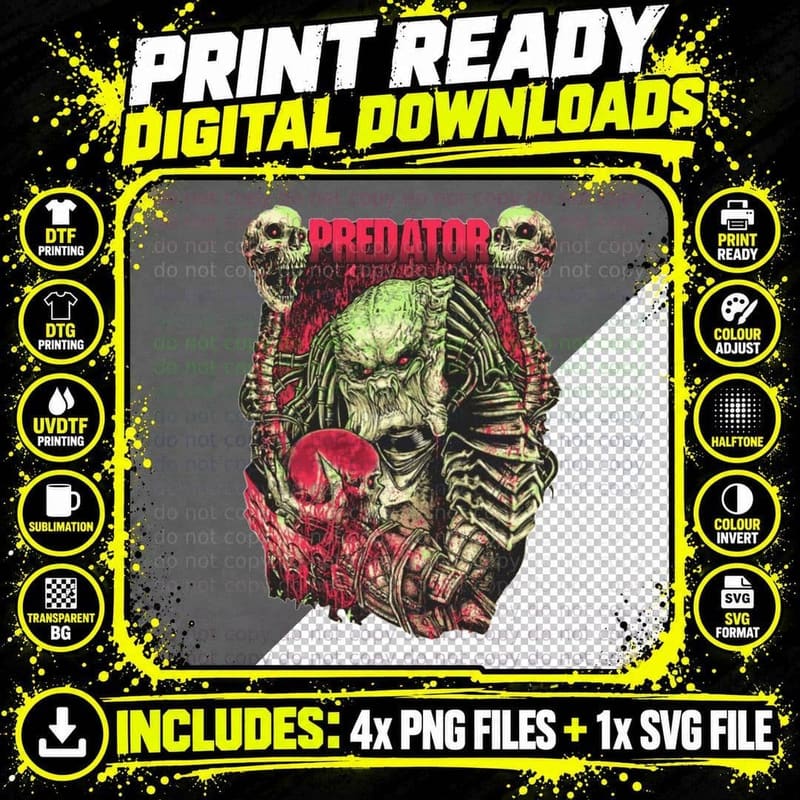Predator Monster Skull Horror T-Shirt, 80S Movie Fan Art Png SVG Digital Bundle