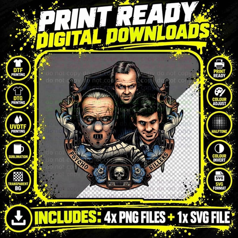 Psycho Killers Horror Movie Villains Dark Aesthetic Png SVG Digital Bundle