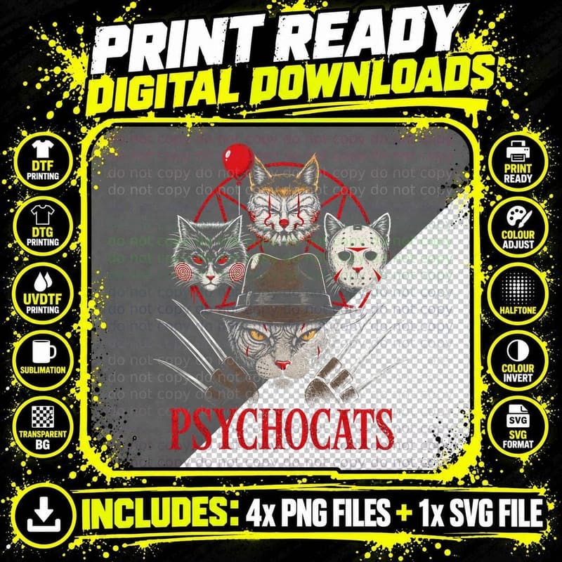 Psychocats Horror Movie Cats T-Shirt Funny Halloween Png SVG Digital Bundle