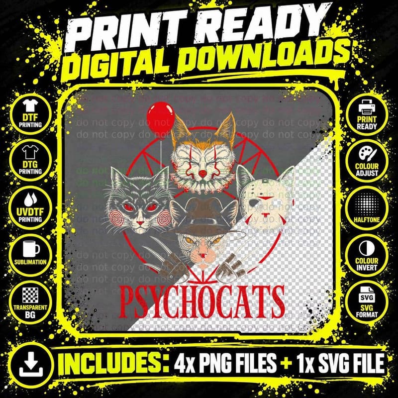 Psychocats Scary Movie Cats T-Shirt Funny Halloween Png SVG Digital Bundle