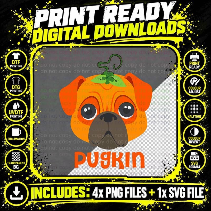 Pug Pumpkin T-Shirt, Halloween Costume Print Png SVG Digital Bundle