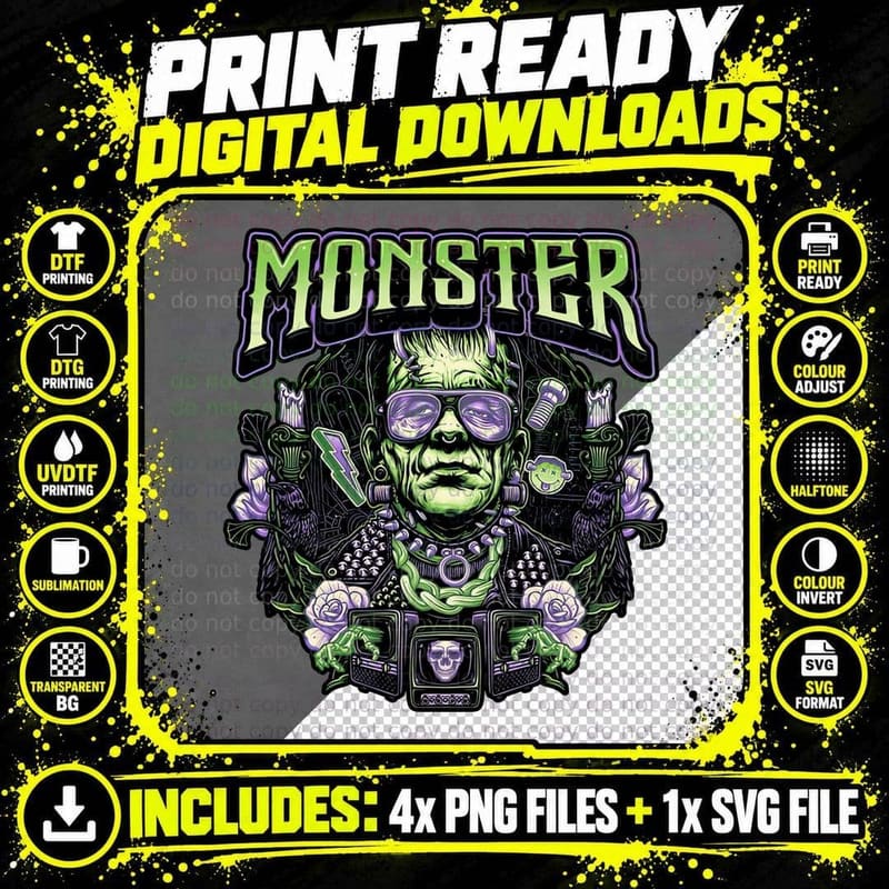 Punk Monster T-Shirt, Retro Horror Tee Png SVG Digital Bundle