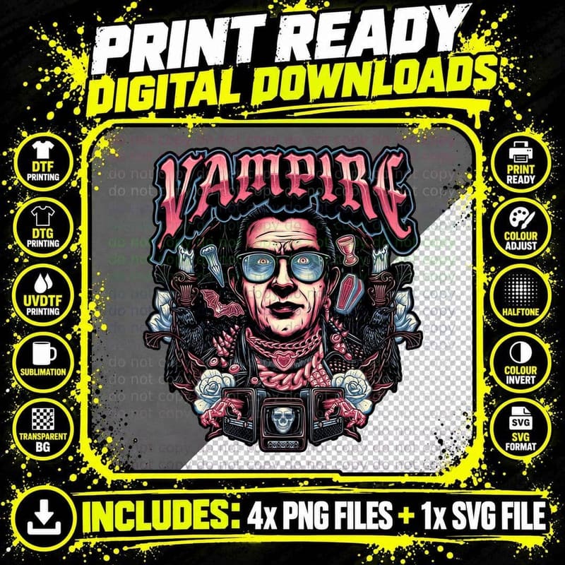 Punk Vampire T-Shirt, Gothic Horror Tee Png SVG Digital Bundle