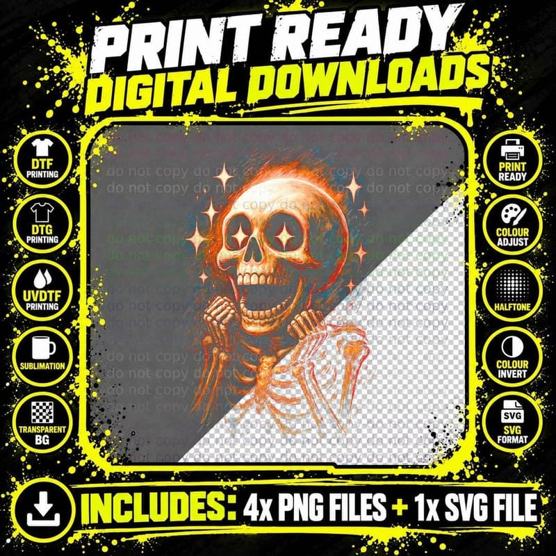 Radiant Skull Skeleton T-Shirt, Gothic Apparel Png SVG Digital Bundle