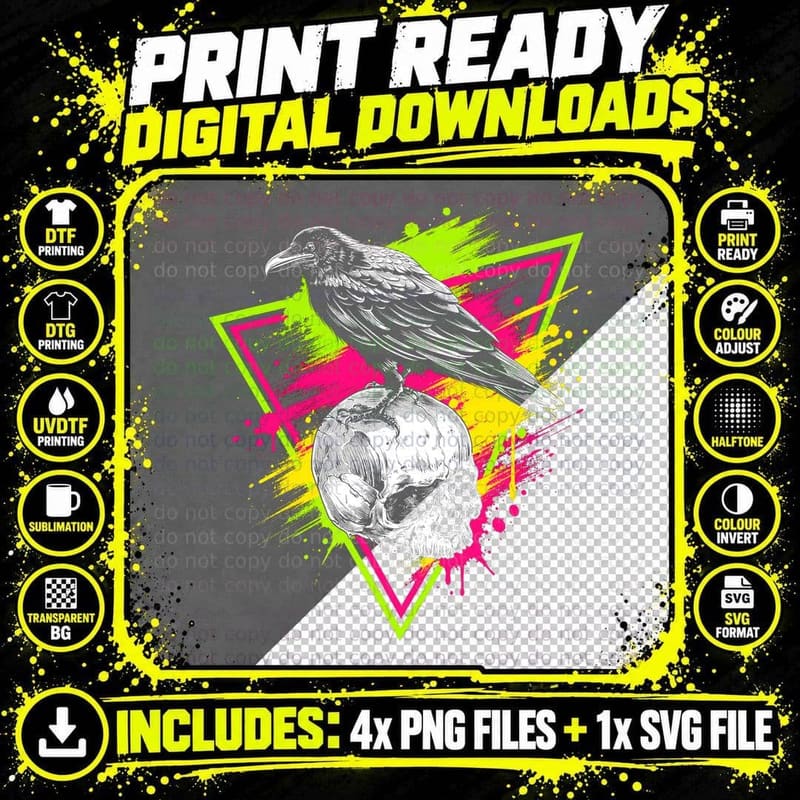 Raven on Skull Neon Triangle T-Shirt Gothic Crow Occult Png SVG Digital Bundle