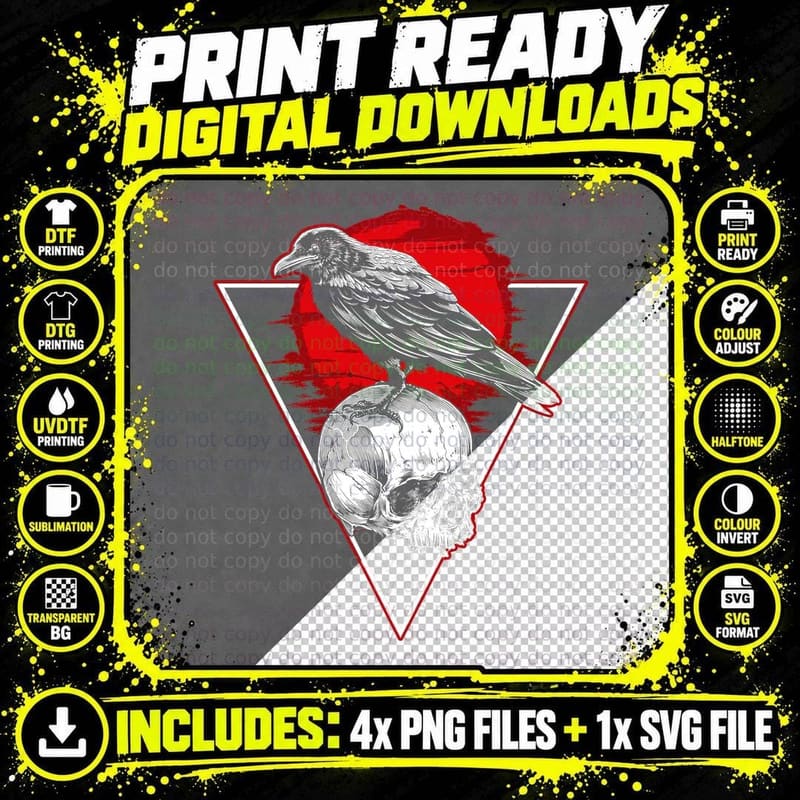 Raven on Skull Red Triangle T-Shirt Gothic Crow Occult Png SVG Digital Bundle