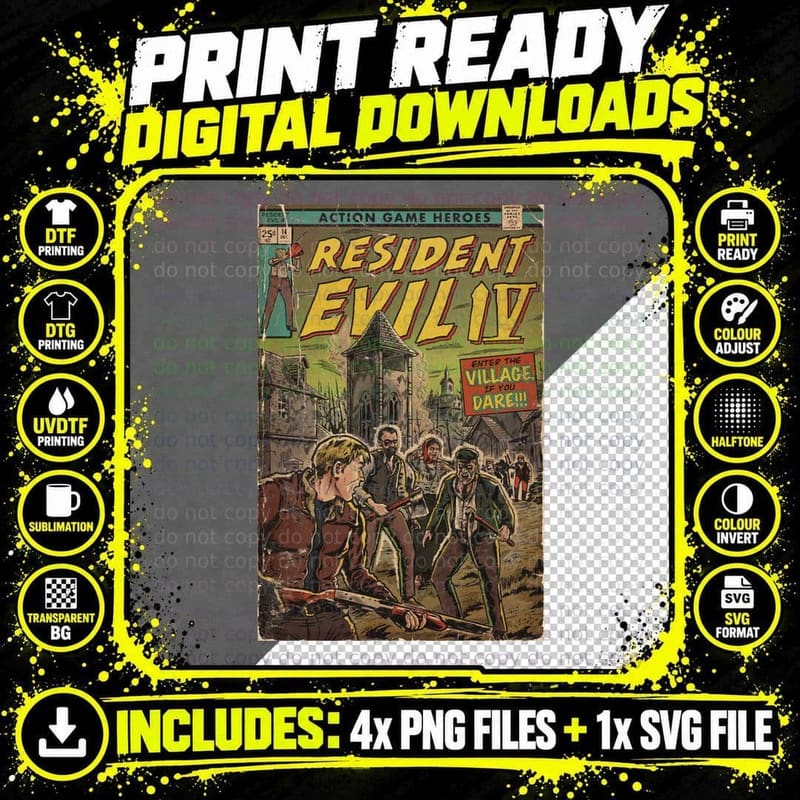 Resident Evil 4 Comic Cover Tee, Action Game Heroes Png SVG Digital Bundle