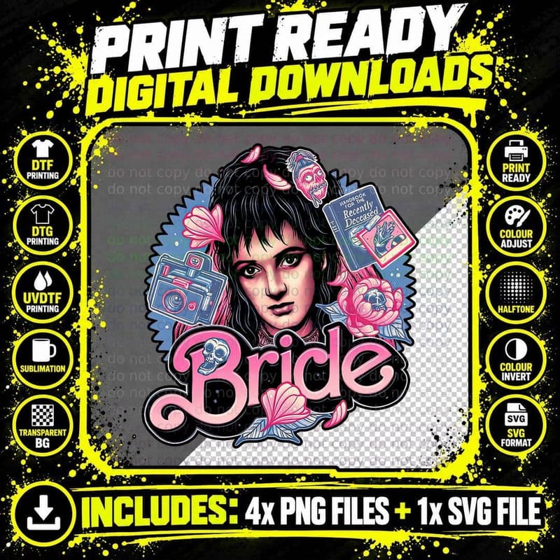 Retro 80s Horror Bride T-Shirt, Gothic Floral Botanical Png SVG Digital Bundle