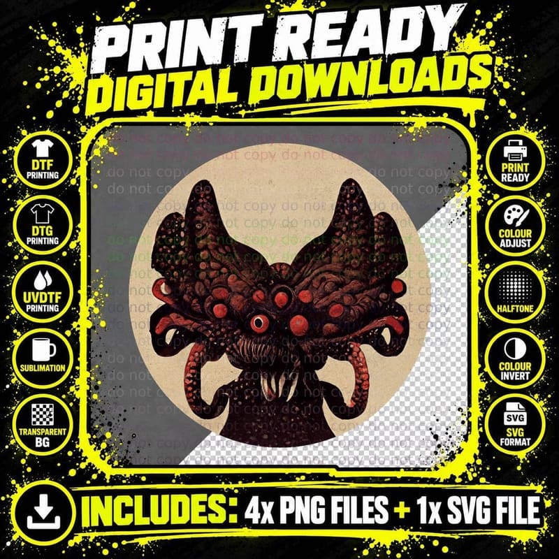 Retro 80s Horror Eldritch Beast T-Shirt Png SVG Digital Bundle