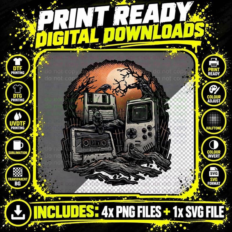 Retro Graveyard T-Shirt, Gothic Horror Tee Png SVG Digital Bundle