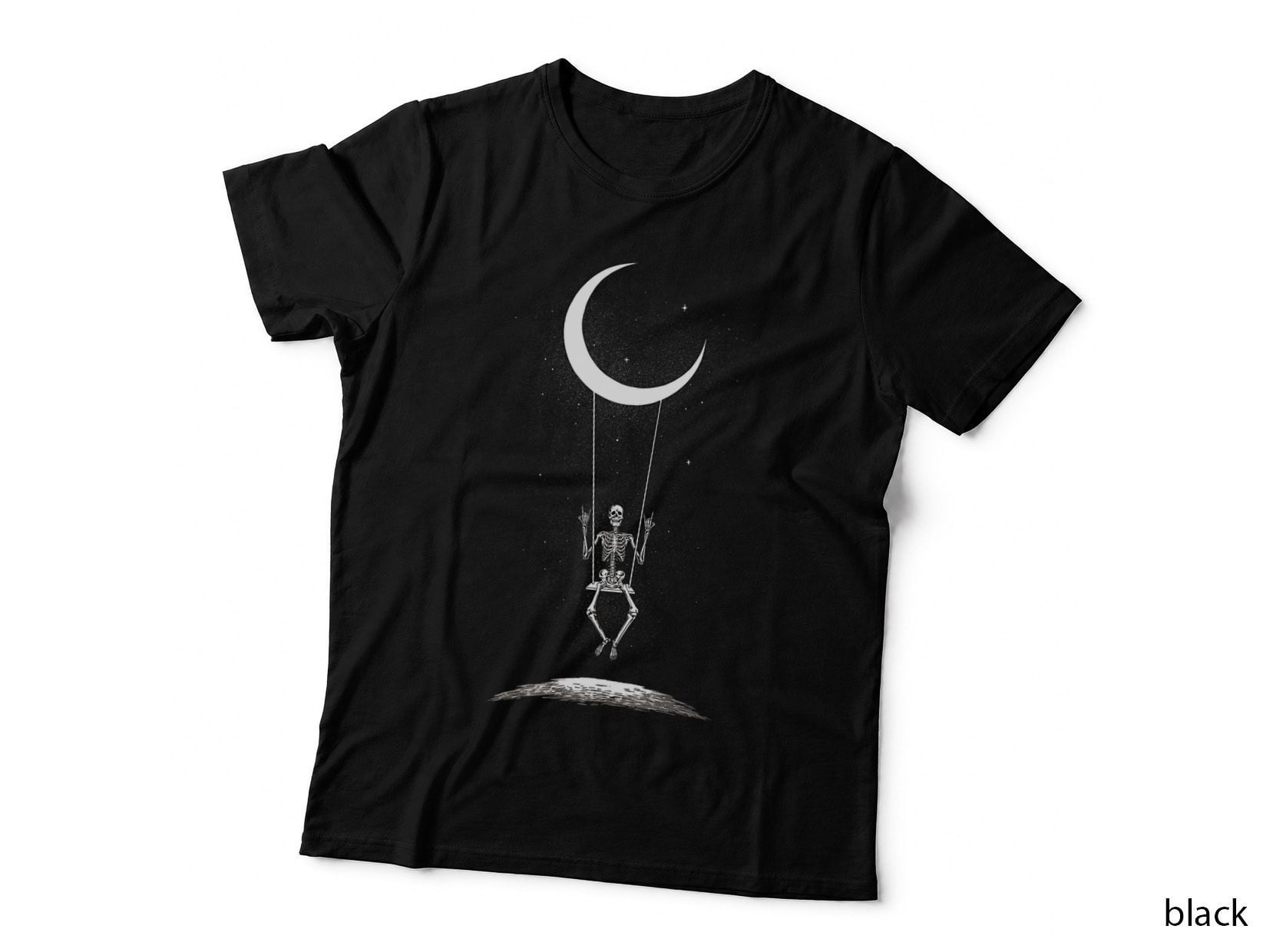 Rock on Skeleton Hands Halloween Moon Band Tee Rock and Roll T-Shirt