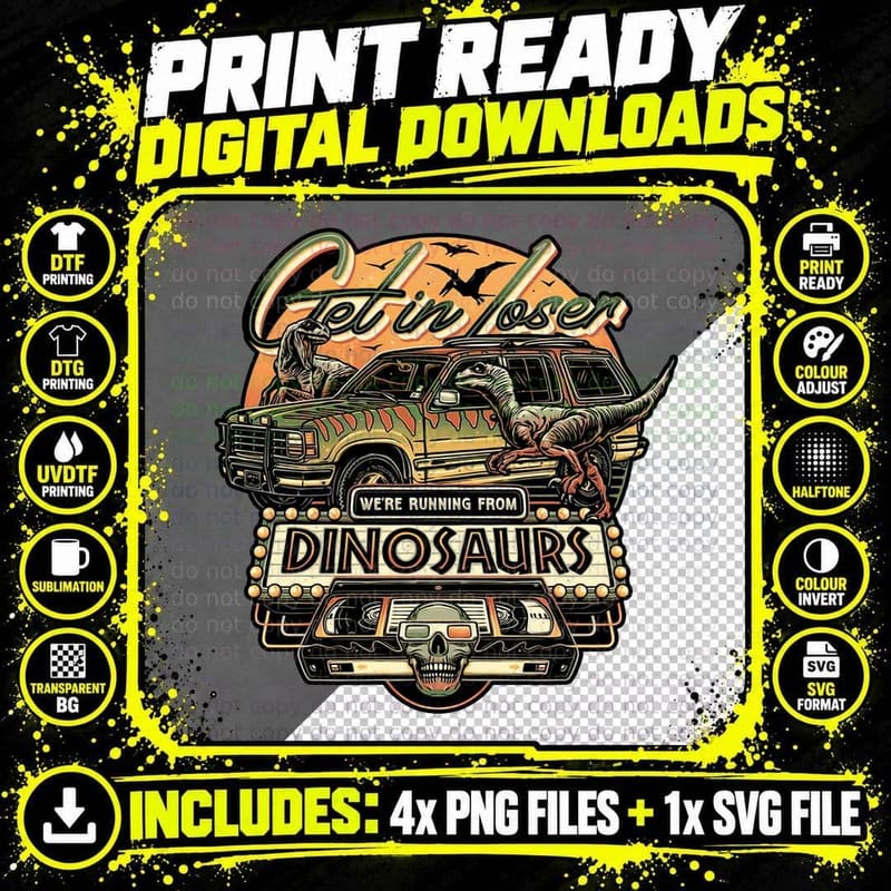 Running from Dinosaurs T-Shirt, Retro 80s Horror Tee Png SVG Digital Bundle